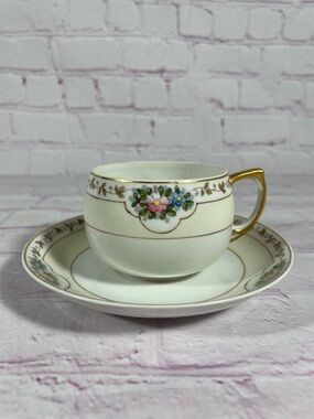 Vintage Hand Painted Floral Nippon Teacup and Saucer Set Gold Trim